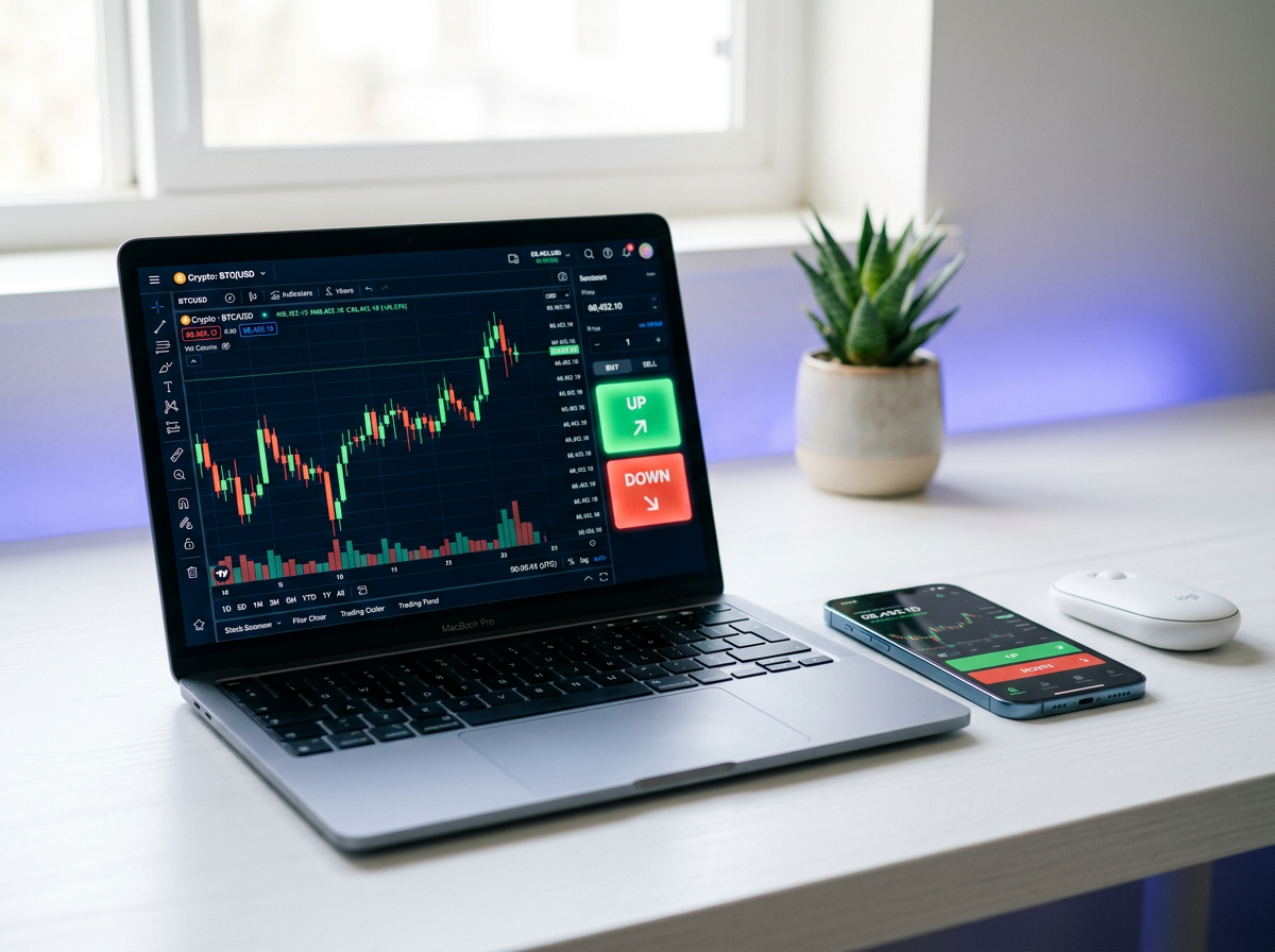 A laptop and smartphone on a bright desk, showing a candlestick trading screen